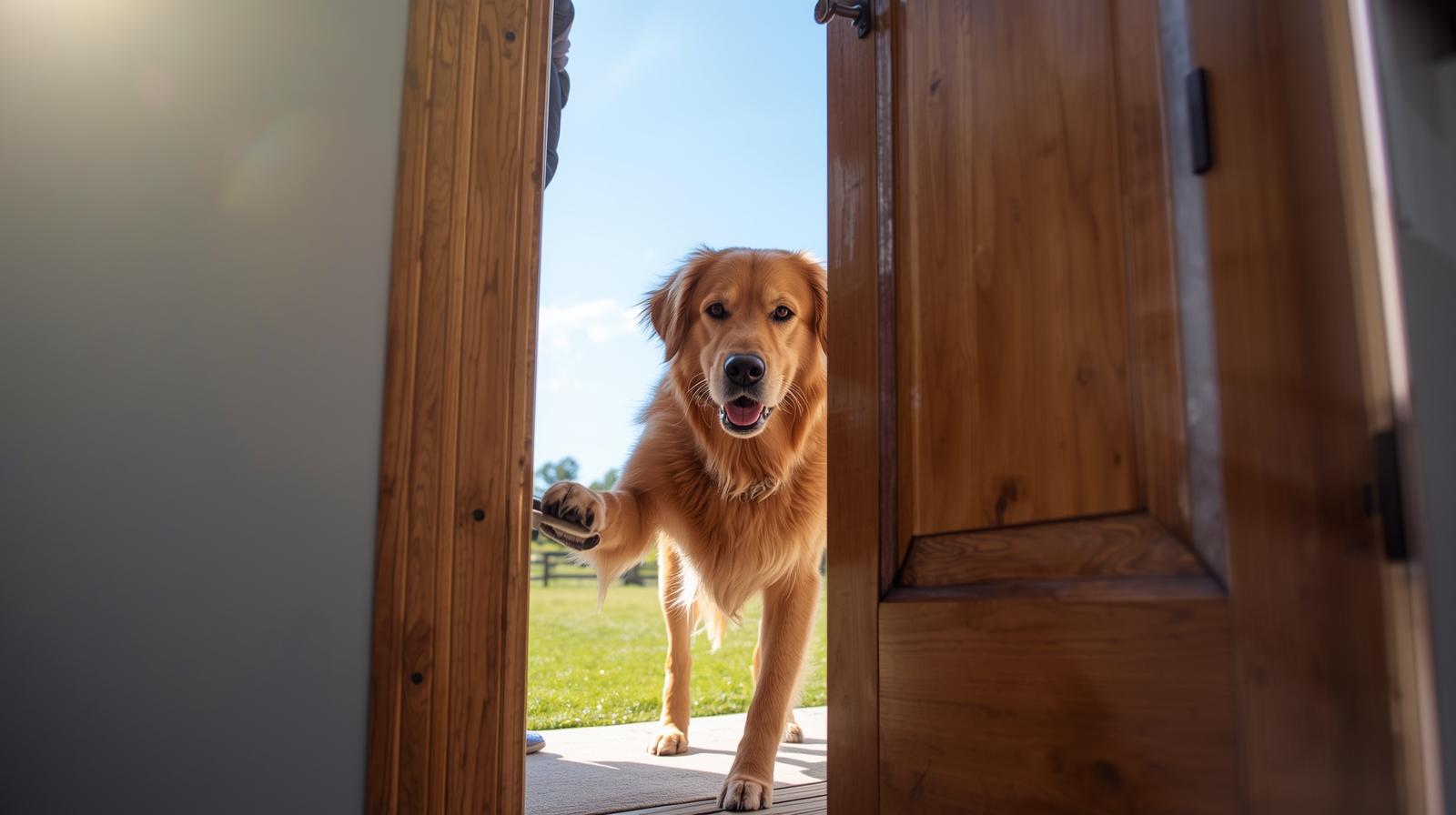 A dog opening a door with its paw on the handle