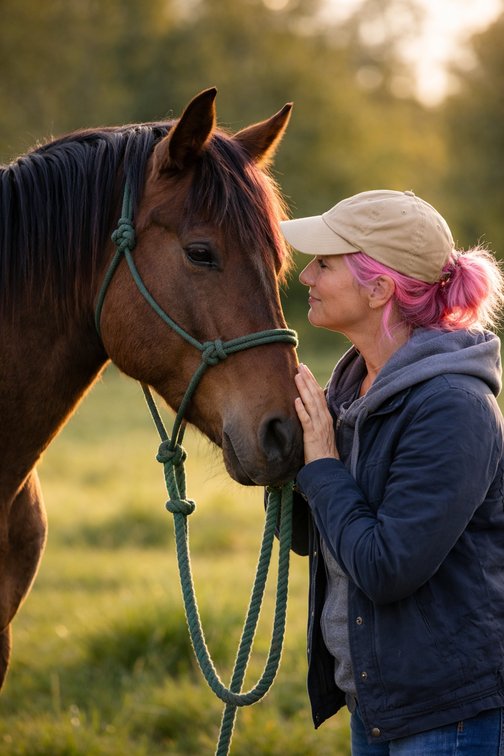 Trainer with pink hair calmly interacting with a bay horse in a pasture, demonstrating a relaxed, trust-based connection without force