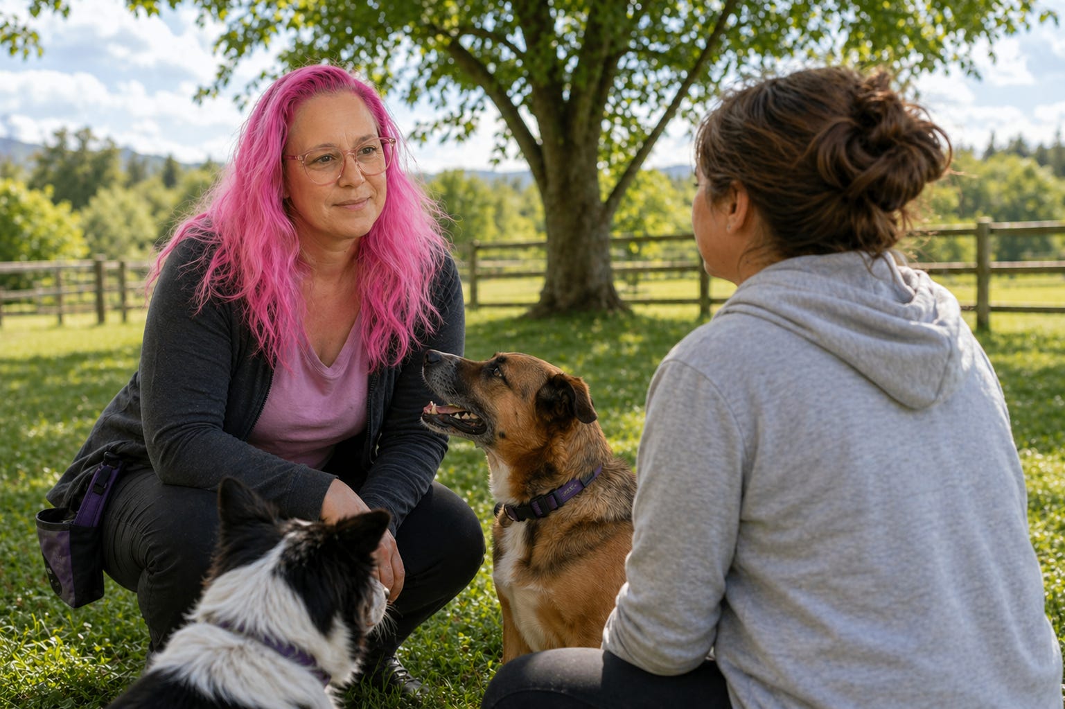 Gaby Dufresne-Cyr suqats in  front of a student, in a park, surrounded by two dogs duirng a mentorship session
