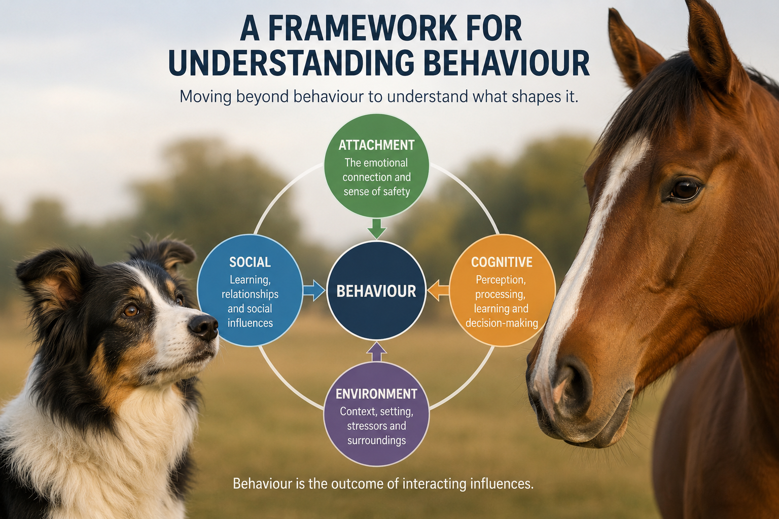 Image of the social cognitve animal training framework showing a dog and horse with the circular model in the middle