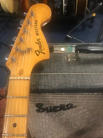 Fender Mustang guitar leaning against Supro amplifier in the studio for Scott Hall musician and songwriter session

