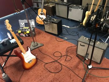 Amplifiers and Stratocaster guitar in the studio for Scott Hall musician and songwriter session
