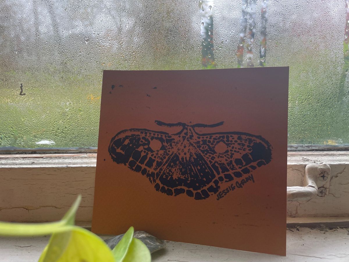 Lino Block Moth Print Card