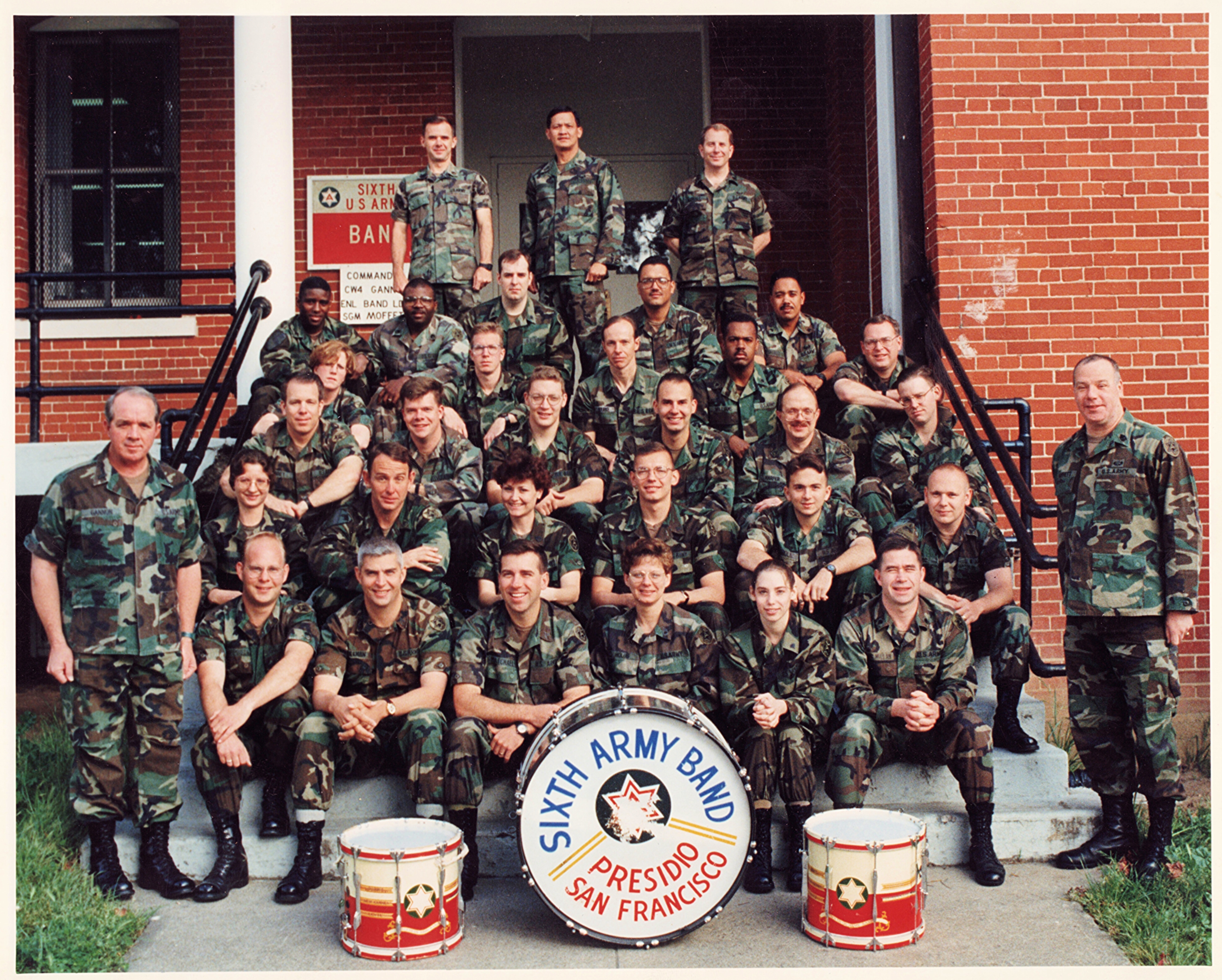 6th Army Band unit photo in front of the Band Hall, Presidio of San Francisco, 1994