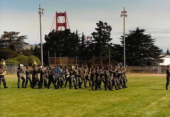 Presidio of San Francisco Parade Field · 1993. More than a half a century later, Brian joins the tradition on saxophone, marching in Army fatigues marching and playing with the 6th Army Band for an official military ceremony, one of dozens he played there during his 3-year stint.
