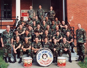 Brian’s unit in 1994, sitting on the steps of the Presidio of San Francisco Band Hall. 57 years after that first photo. Same institution. Same pride. Same music. The faces change, but the 6th Army band legacy endures.
