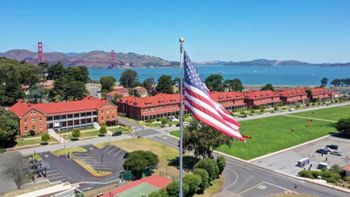 Aerial view of Brian's workplace from 1992-1995. The building on the left is the 6th Army Band building. For physical training, band members would jog down and touch the Golden Gate Bridge and back for physical training.
