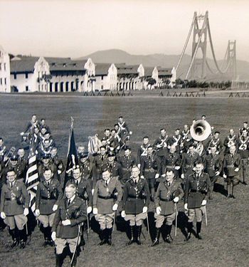The 6th U.S. Army Band has stood watch at the Presidio of San Francisco since the 1930's. Pictured here is the band in 1937, the Golden Gate Bridge still under construction in the background.
