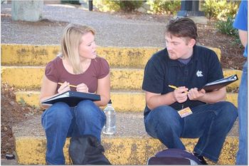 Studying on the steps.
