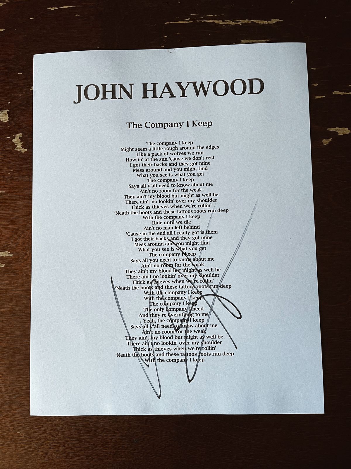 Signed Lyric Sheet