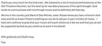 A kind message we received from Tray in IA...
