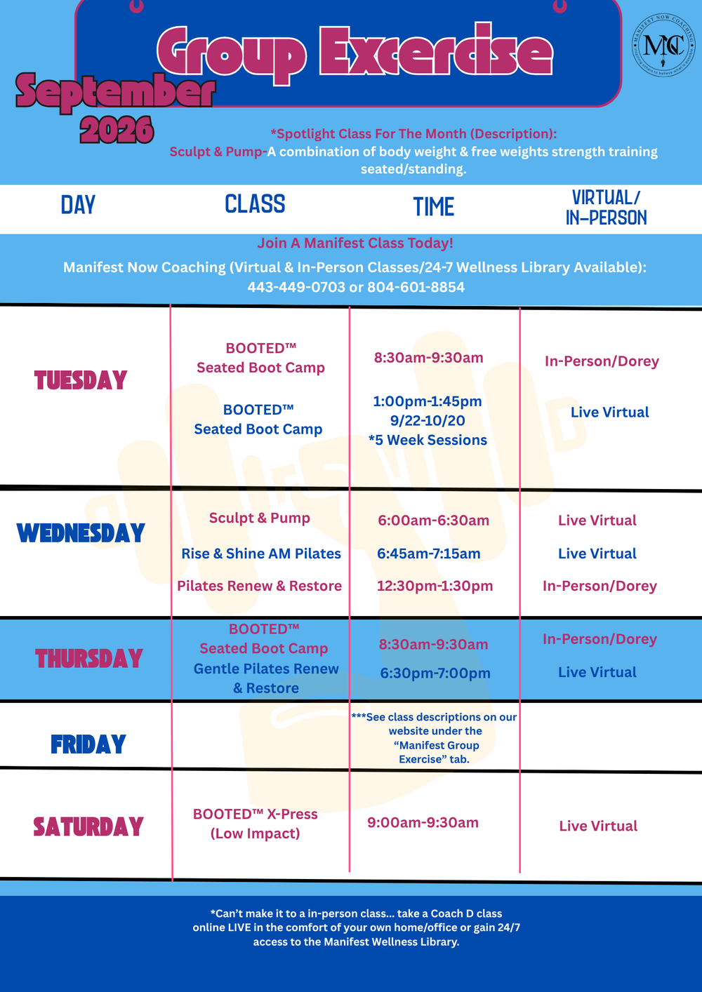 Manifest Now Coaching Group Exercise Classes, Dorey Parks and Recreation, Ettrick Parks & Recreation, Chesterfield Baptist Church,  Virtual Classes, Classes in Richmond, Virginia.