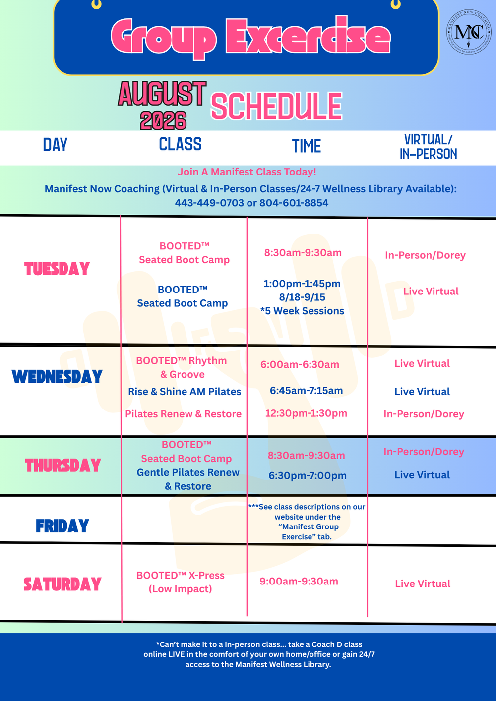 Manifest Now Coaching Group Exercise Classes, Dorey Parks and Recreation, Ettrick Parks & Recreation, Chesterfield Baptist Church,  Virtual Classes, Classes in Richmond, Virginia.