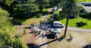 Overhead shot of setting up.
