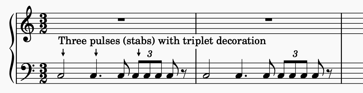 Bass clef showing the rhythm in 3/2, and highlighting the three beats or pulses.