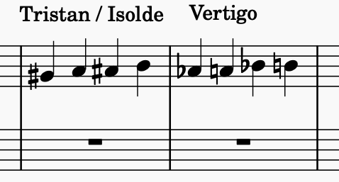 Grand staff comparing the 4-note ascending motif in Tristan und Isolde and in Vertigo.