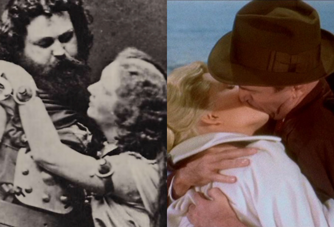 At left, vintage photo from a production of the opera Tristan und Isolde. At right, a still from the film Vertigo showing Jimmy Stewart and Kim Novak kissing.
