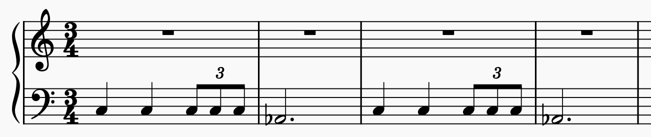 Bass clef showing the rhythm in 3/4 with the descent to the submediant.