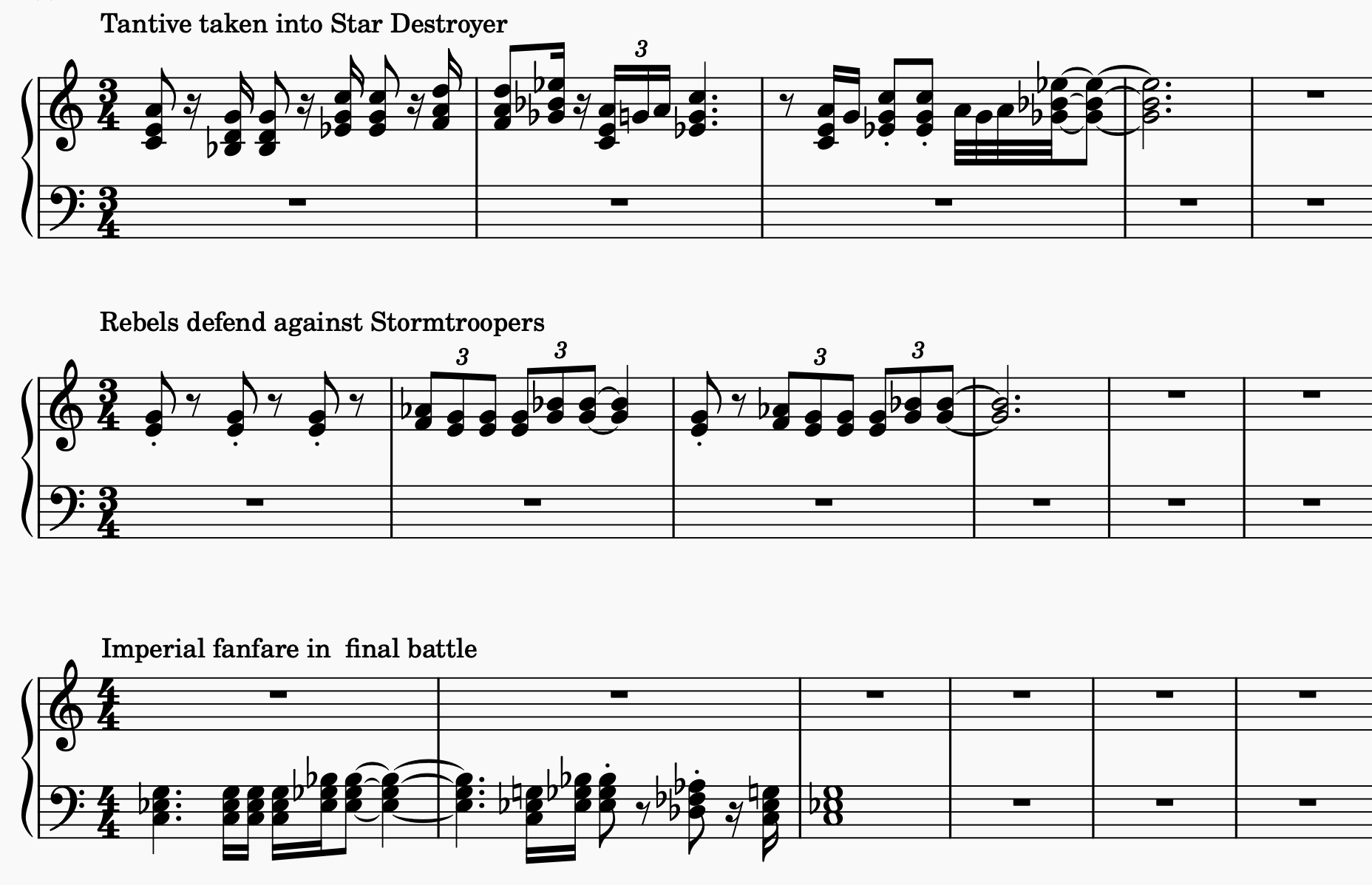 Grand staff showing the three example of parallel minor chords.