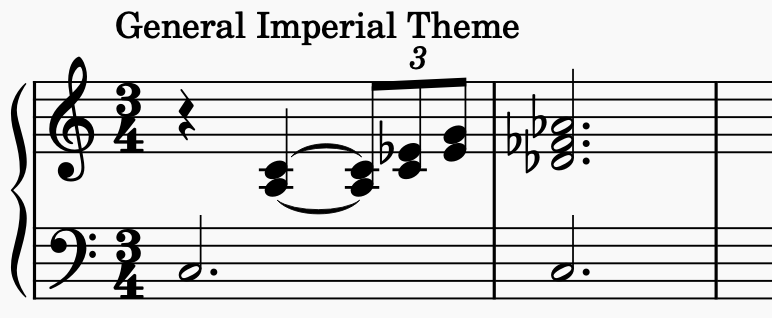 Grand staff showing a figure ascending in thirds to the final dissonant chord.
