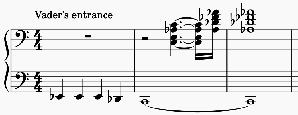 Grand staff showing the two-chord figure of Vader's entrance.