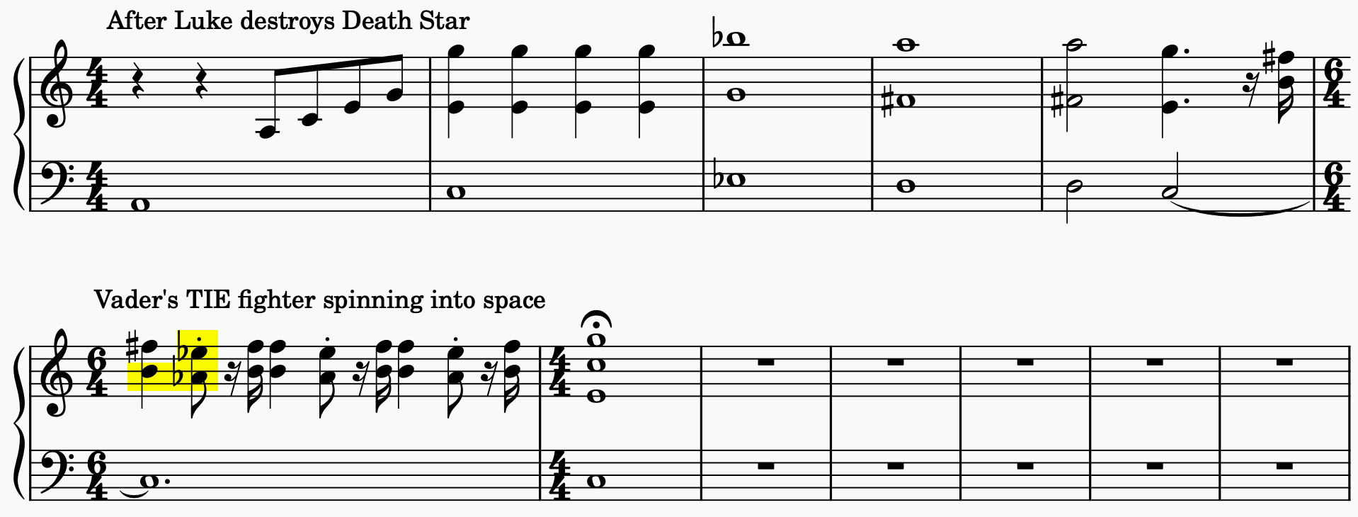 Grand staff showing simplified transcription of the music and highlighting the leading tone and flat 6 relationship, and the flat scale degree 3.