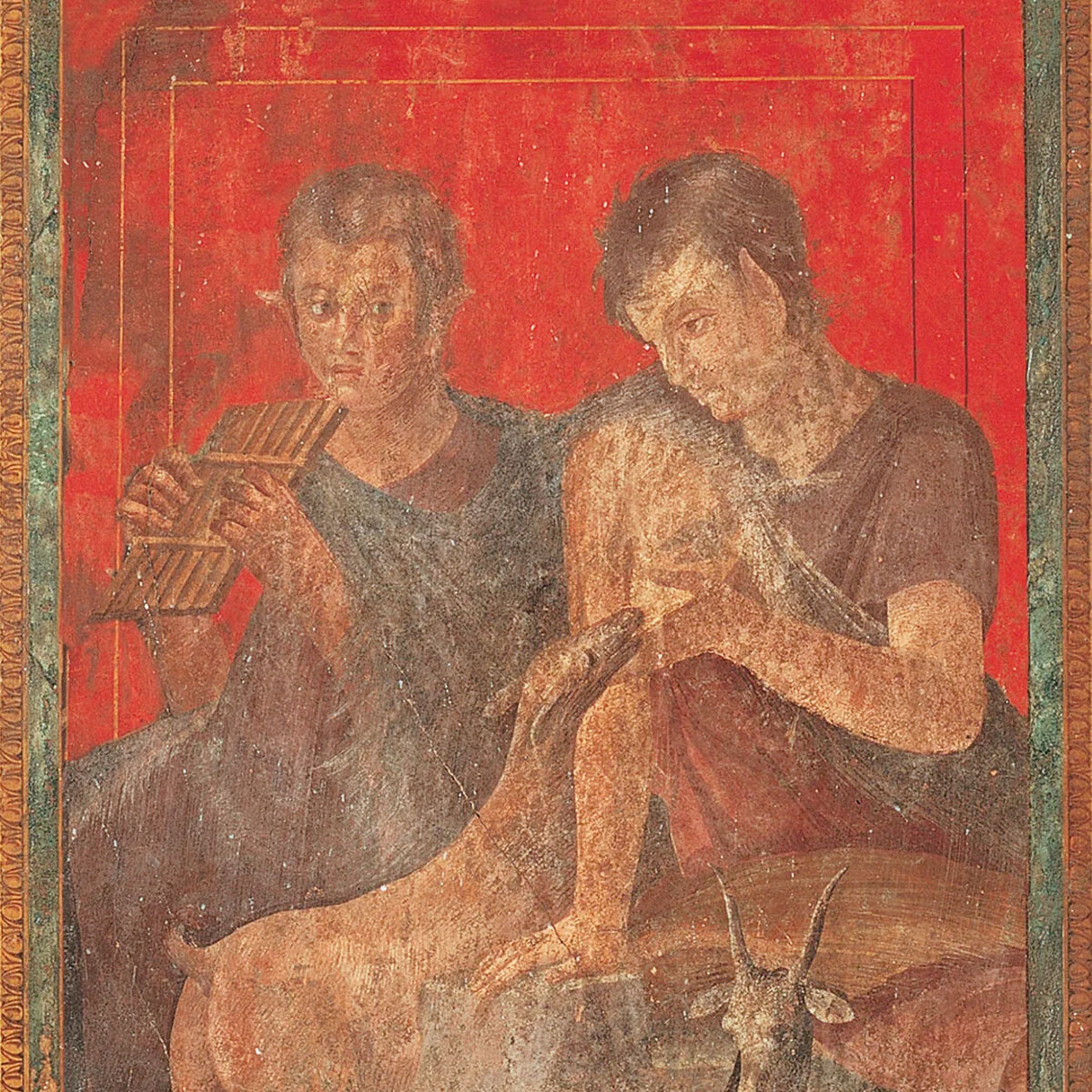 Roman painting of two satyrs with fawns. One is holding a pan flute.
