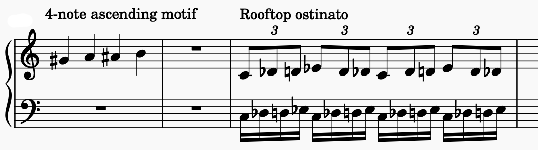 Grand staff showing the 4-note ascending motif followed by its use in the rooftop scene ostinato.