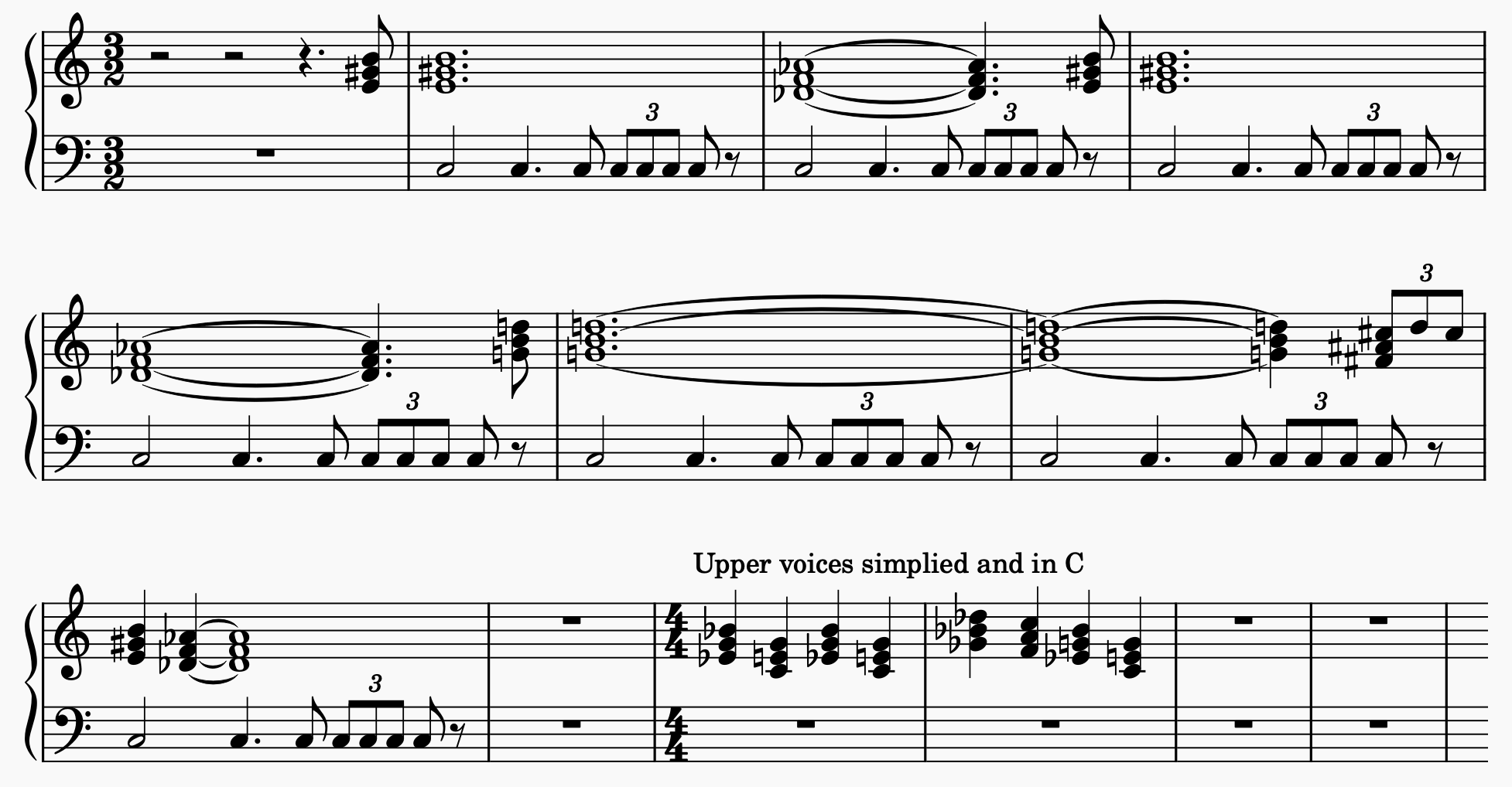 Grand staff showing the parallel major chords in long note values set over the rhythm. The parallel major chords are also showing in a simplified fashion in quarter notes.