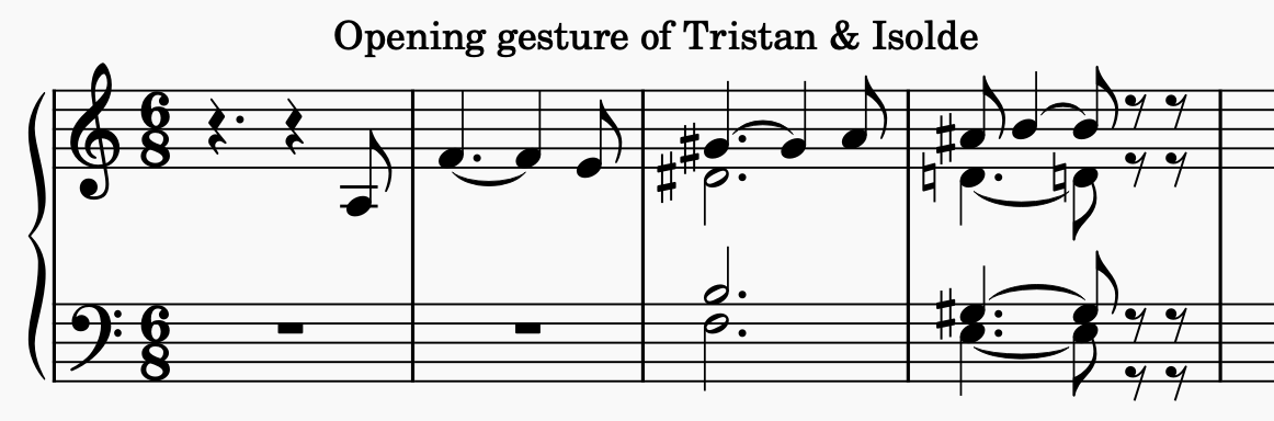 Grand staff showing the opening four bars of the Prelude to Tristan und Isolde.