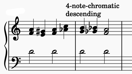 Grand staff showing the Carlotta-related theme, demonstrating the use of the inverted 4-note descending motif.