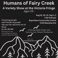 q fiddles at the door and sings a song at the humans of fairy creek variety show (fringe fest)