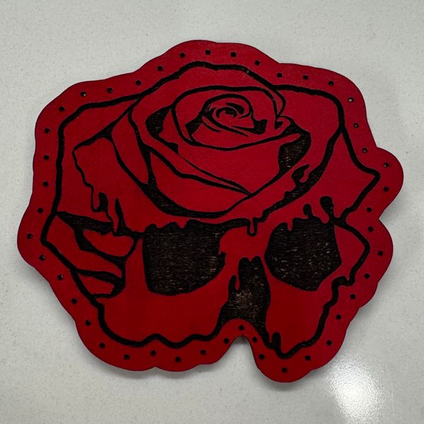 Red RoseSkull Leather Patch