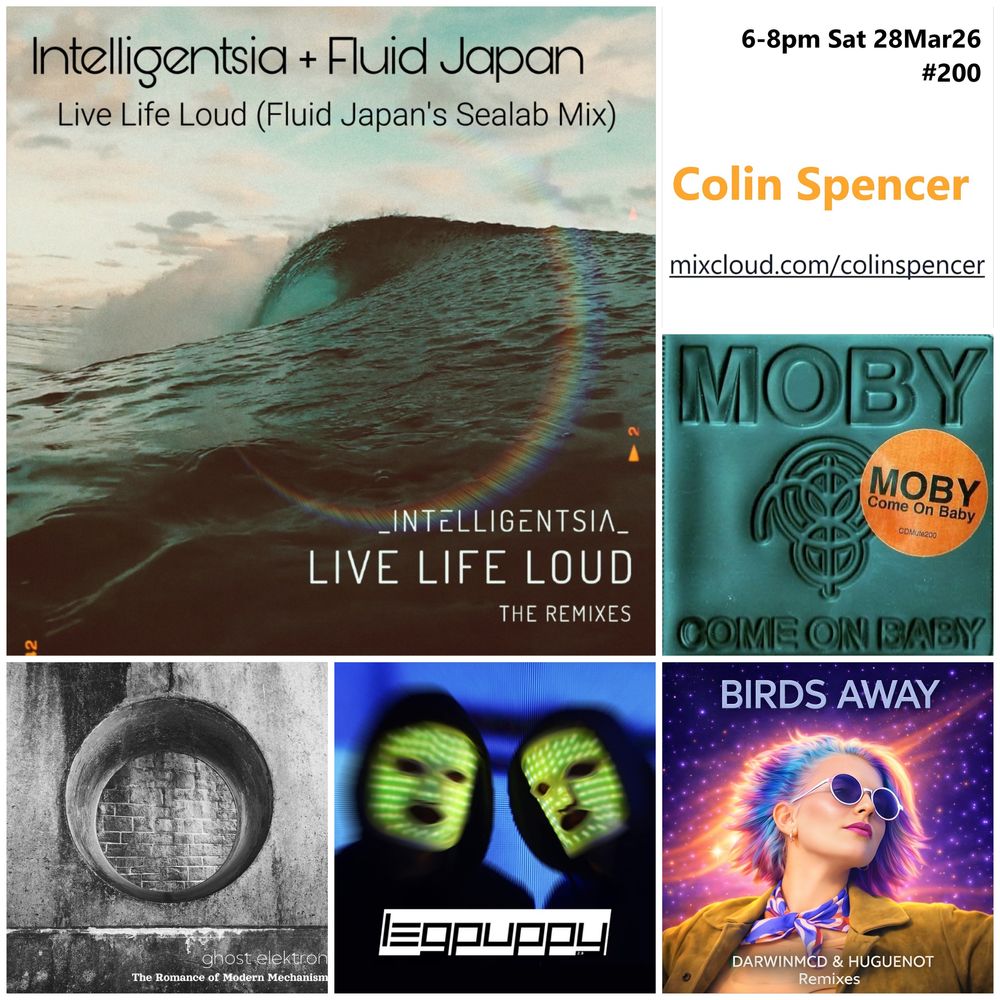 Colin Spencer, Fluid Japan, Intelligentsia, Todd Lewis, Jan Linton, Mirai, Ghost Elektron, Caribou, Moby, China Crisis, Darwinncd & Huguenot, Means of Production, Leg Puppy 2.0, JakoJako