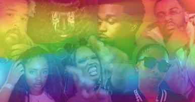 All 7 Queer Hip-hop artist together with the Pride colors in the background