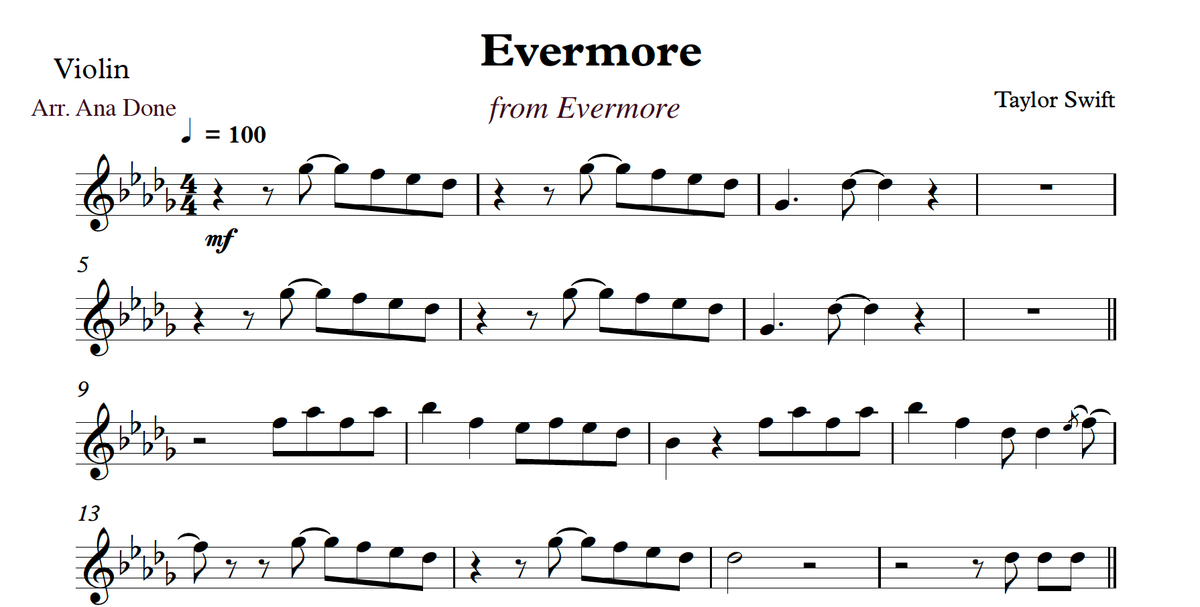 Evermore (Original Key Db Major Violin Sheet Music)