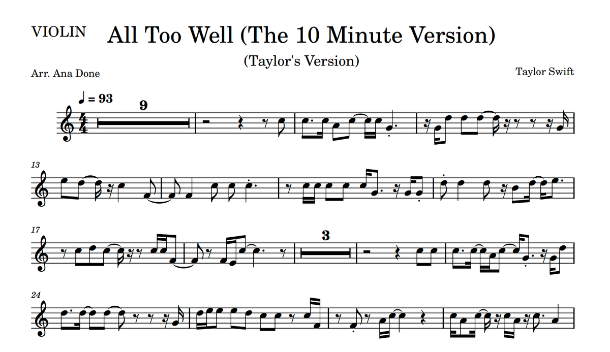 All Too Well (10 Min Version Violin Sheet Music)