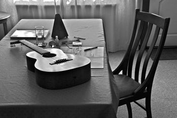 'New Song' – Nigel Foote's workspace... the dining room table.
