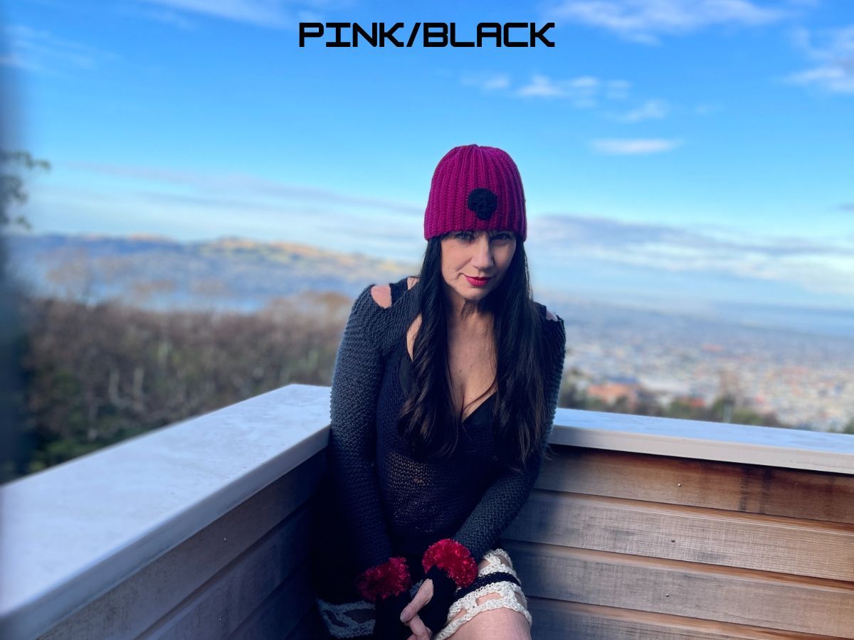 Skull Beanie - Pink with black skull - includes shipping to Australia