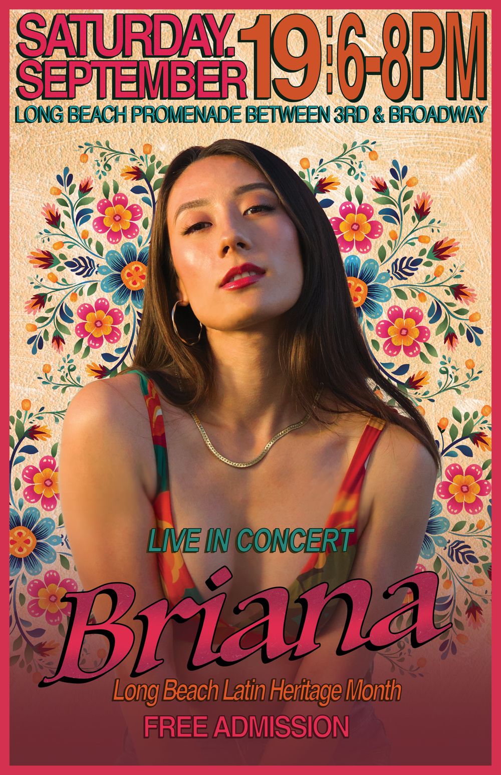 a concert poster of Briana the artist wearing pink lipstick against a colorful latin motif themed background with pink and blue flowers