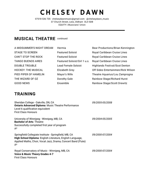 Professional CV of Chelsey Dawn, singing teacher and vocal coach in Oldham, Greater Manchester.