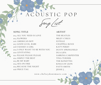 Acoustic pop song list of live performance repertoire by Chelsey Dawn, featuring folk-inspired covers and popular songs performed at events across Greater Manchester.