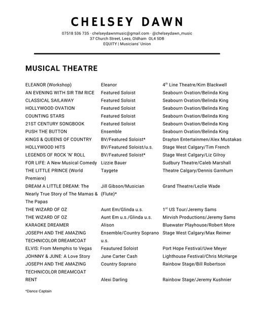 Professional CV of Chelsey Dawn, singing teacher and vocal coach in Oldham, Greater Manchester.