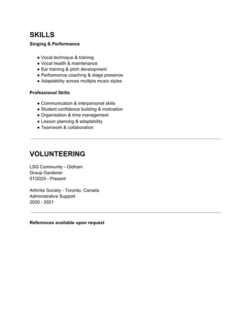 Professional  Teaching CV of Chelsey Dawn, singing teacher and vocal coach in Oldham, Greater Manchester.