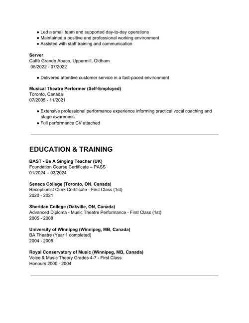 Professional  Teaching CV of Chelsey Dawn, singing teacher and vocal coach in Oldham, Greater Manchester.