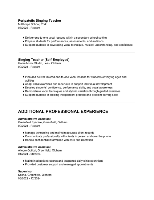 Professional  Teaching CV of Chelsey Dawn, singing teacher and vocal coach in Oldham, Greater Manchester.