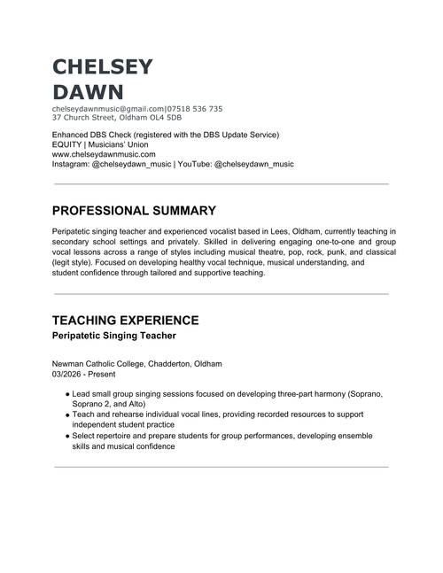 Professional  Teaching CV of Chelsey Dawn, singing teacher and vocal coach in Oldham, Greater Manchester.