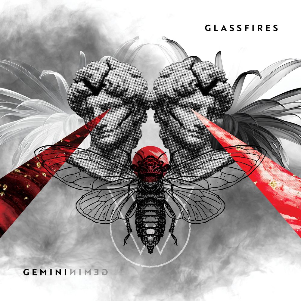 GLASSFIRES Gemini Album Art: Abstract Red & Black Swirls, Gold Flakes - Dynamic Visual Harmony