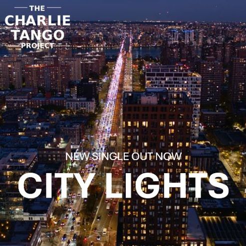 Album cover of 'Life in the Sky' by The Charlie Tango Project, featuring a stylized 80s-inspired design with vibrant colors