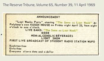 Ad for party at Kusch House, CWRU dorm.
